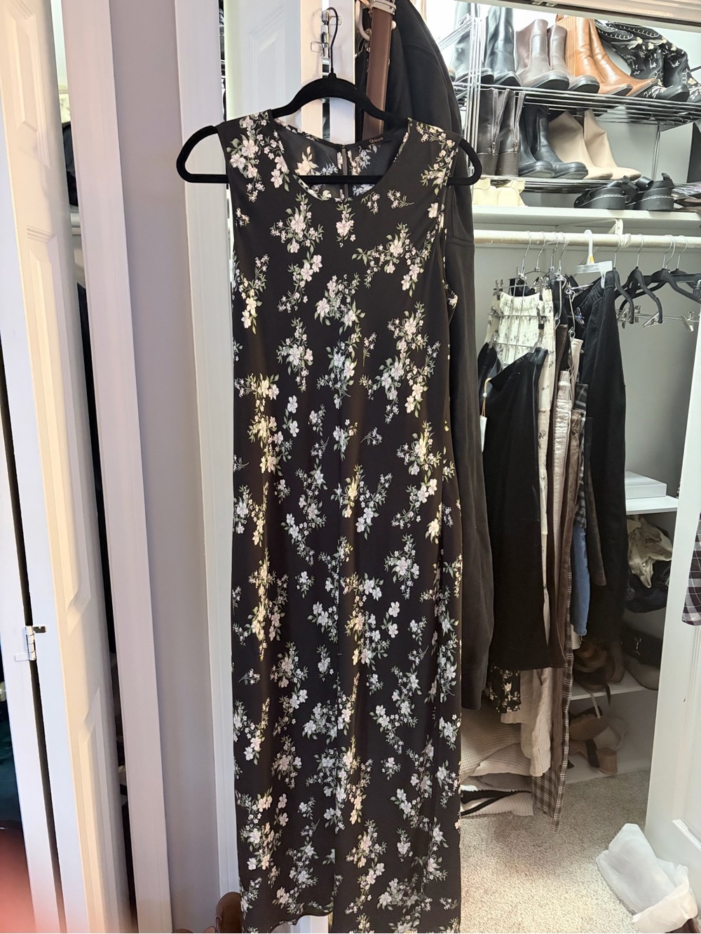 Quince Black Floral Midi Dress with White & Cream Blooms